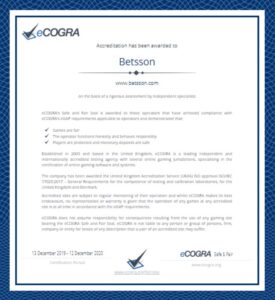 Betsson-sertifikat fra eCogra