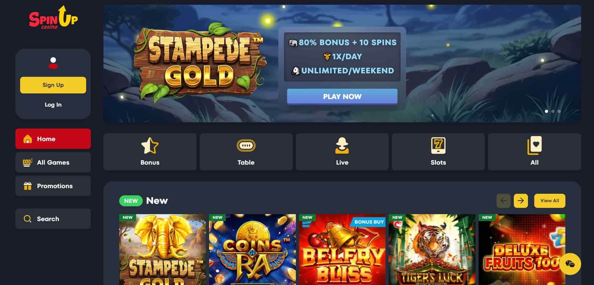 spinup casino main page