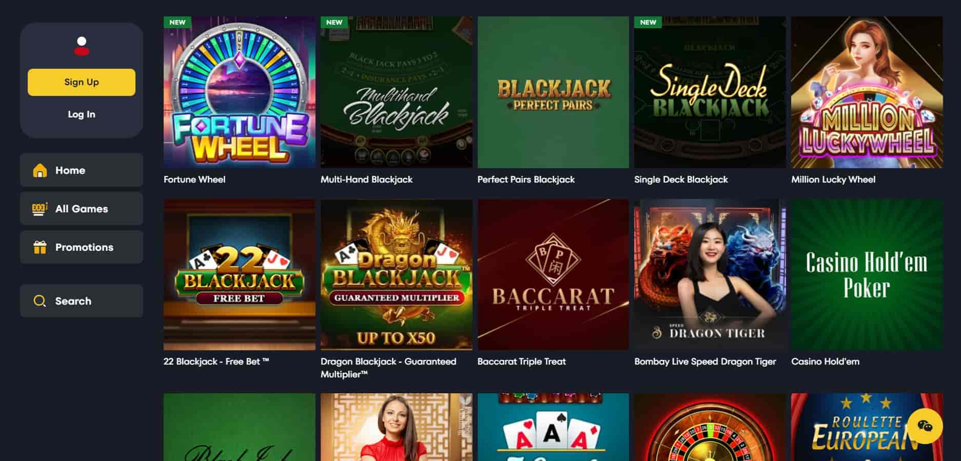 spinup casino table games